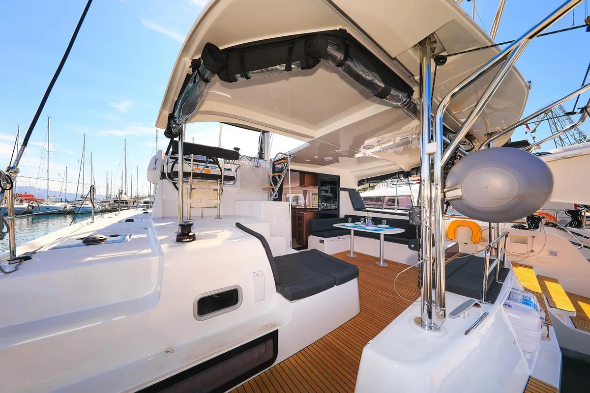 Deck of Emily, a Lagoon 42 catamaran at Grad Trogir, Croatia