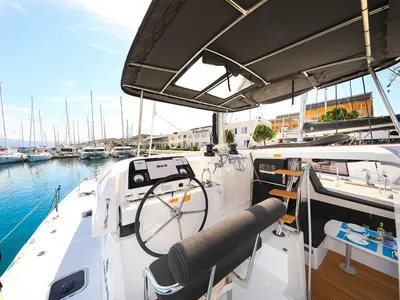 Cockpit of Emily, a Lagoon 42 catamaran at Grad Trogir, Croatia