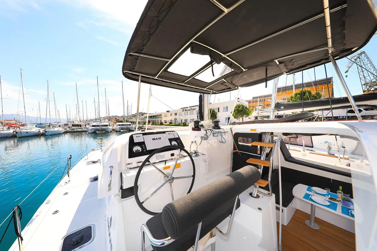 Cockpit of Emily, a Lagoon 42 catamaran at Grad Trogir, Croatia