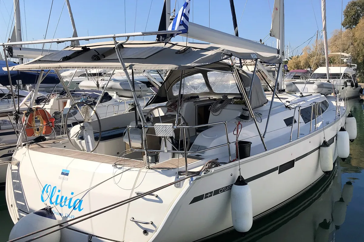 Exterior view of Olivia, a Bavaria Cruiser 46 sailboat at Athens, Greece