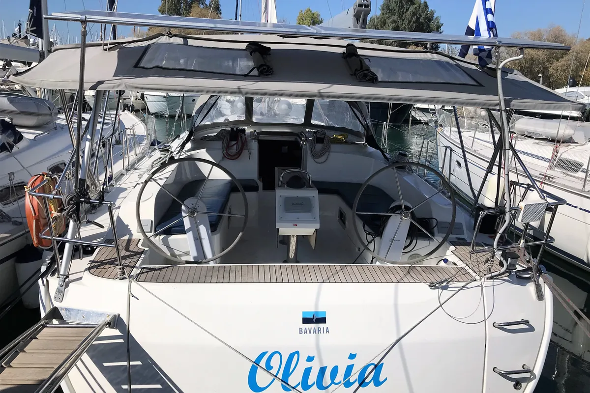 Exterior view of Olivia, a Bavaria Cruiser 46 sailboat at Athens, Greece