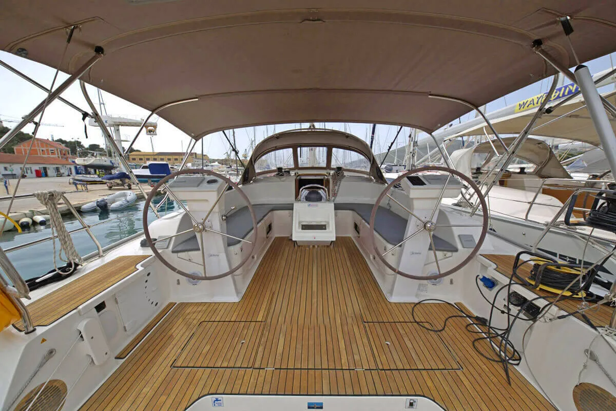 Cockpit of Tequila, a Bavaria Cruiser 46 sailboat at Split, Croatia