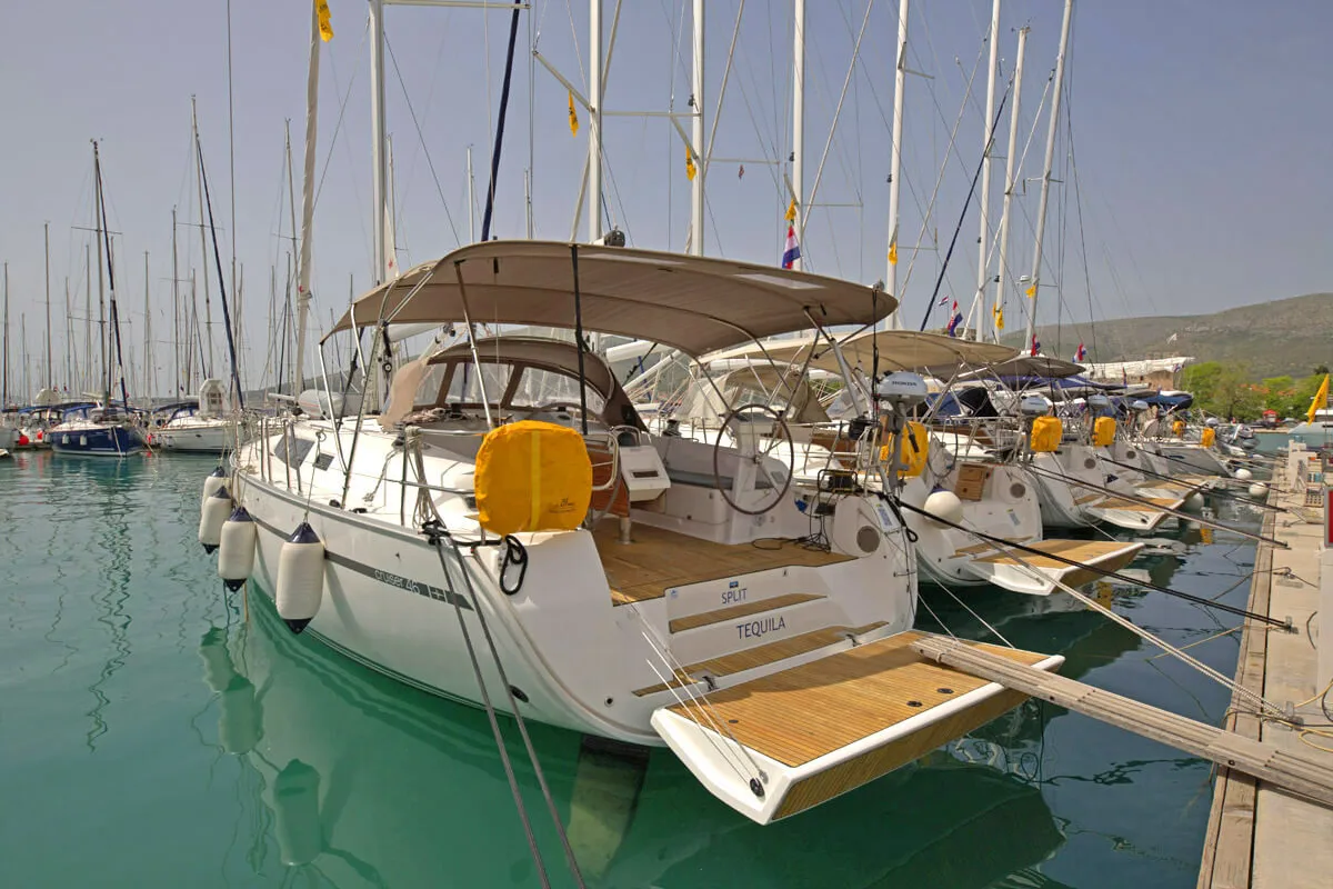 Exterior view of Tequila, a Bavaria Cruiser 46 sailboat at Split, Croatia