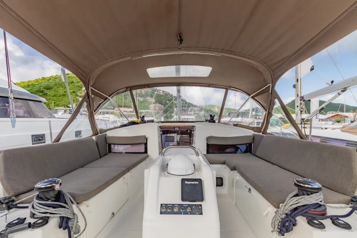 Cockpit of Rhythm & Blues, a Jeanneau Sun Odyssey 440 sailboat at Road Town, British Virgin Islands