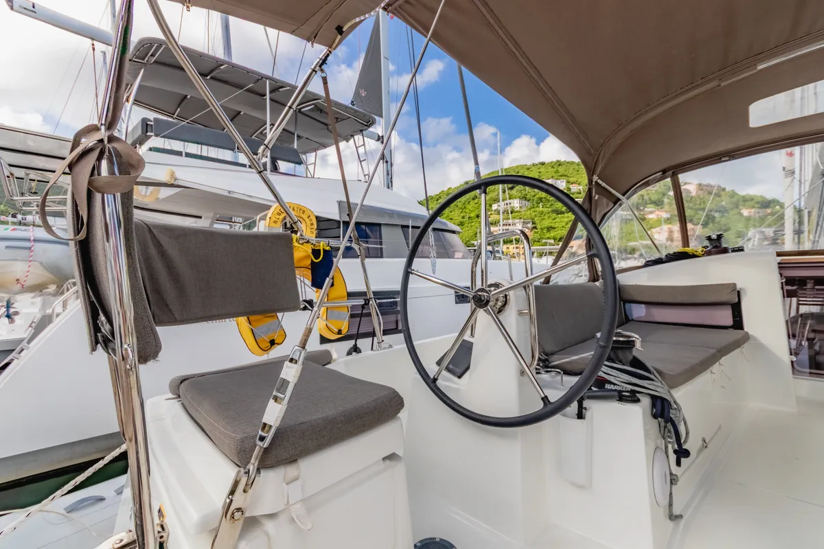 Cockpit of Rhythm & Blues, a Jeanneau Sun Odyssey 440 sailboat at Road Town, British Virgin Islands