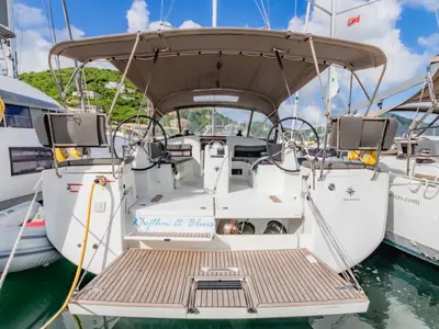 Deck of Rhythm & Blues, a Jeanneau Sun Odyssey 440 sailboat at Road Town, British Virgin Islands