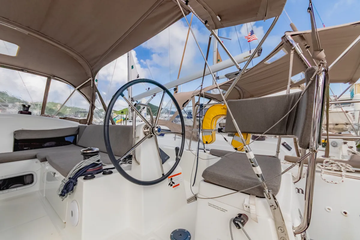 Cockpit of Rhythm & Blues, a Jeanneau Sun Odyssey 440 sailboat at Road Town, British Virgin Islands