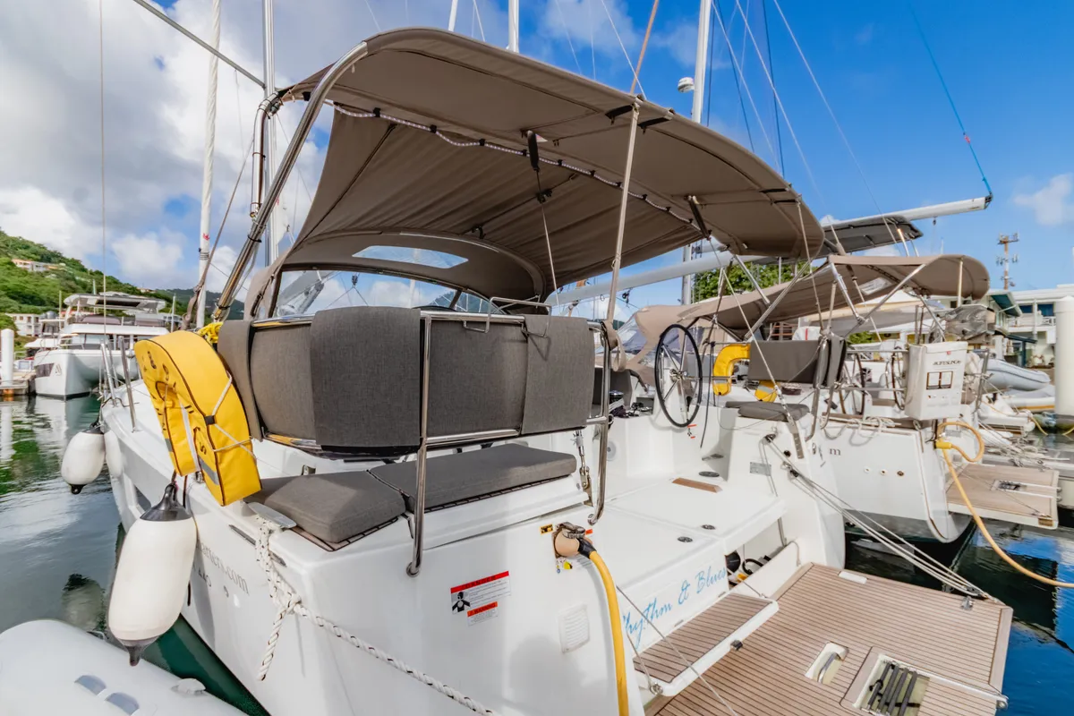 Deck of Rhythm & Blues, a Jeanneau Sun Odyssey 440 sailboat at Road Town, British Virgin Islands