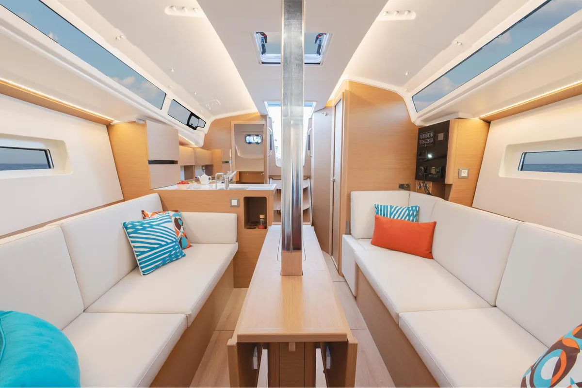 Salon of Naia - Comfort line, a Jeanneau Sun Odyssey 350 sailboat at Salerno, Italy