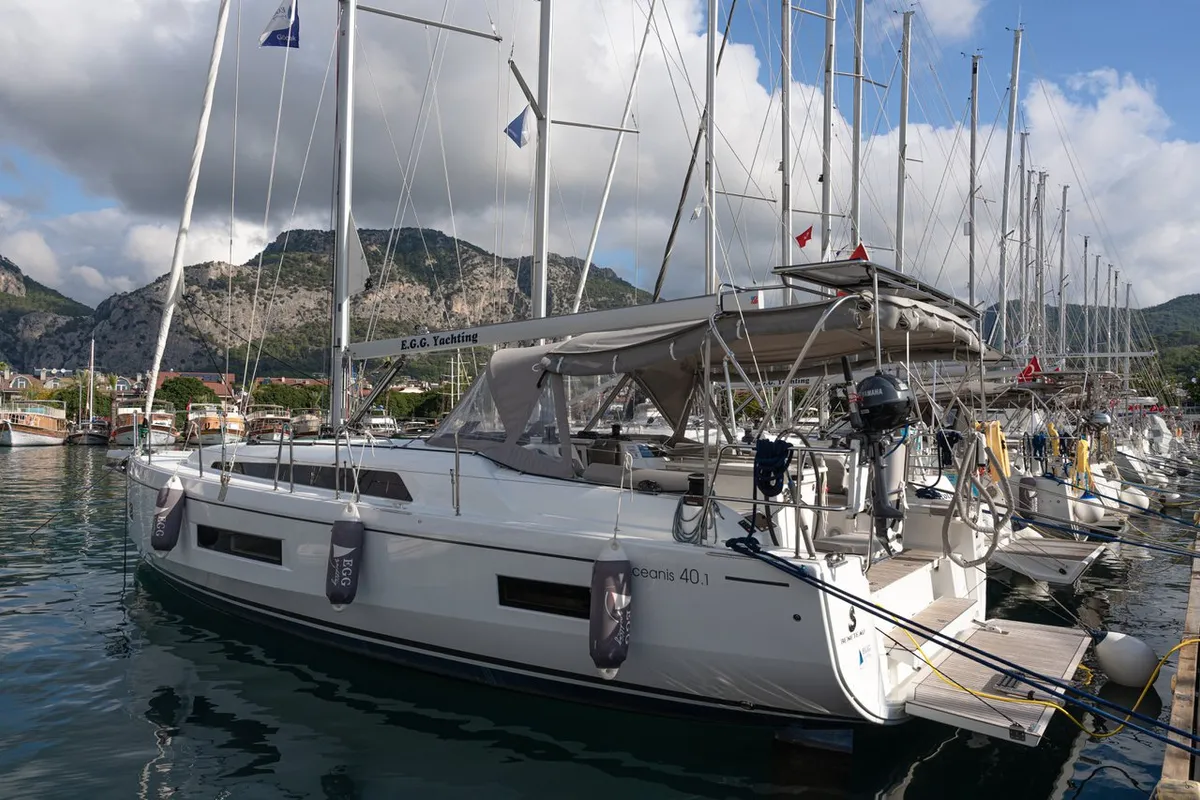 Exterior view of Champagne, a Beneteau Oceanis 40.1 sailboat at Marmaris, Turkey