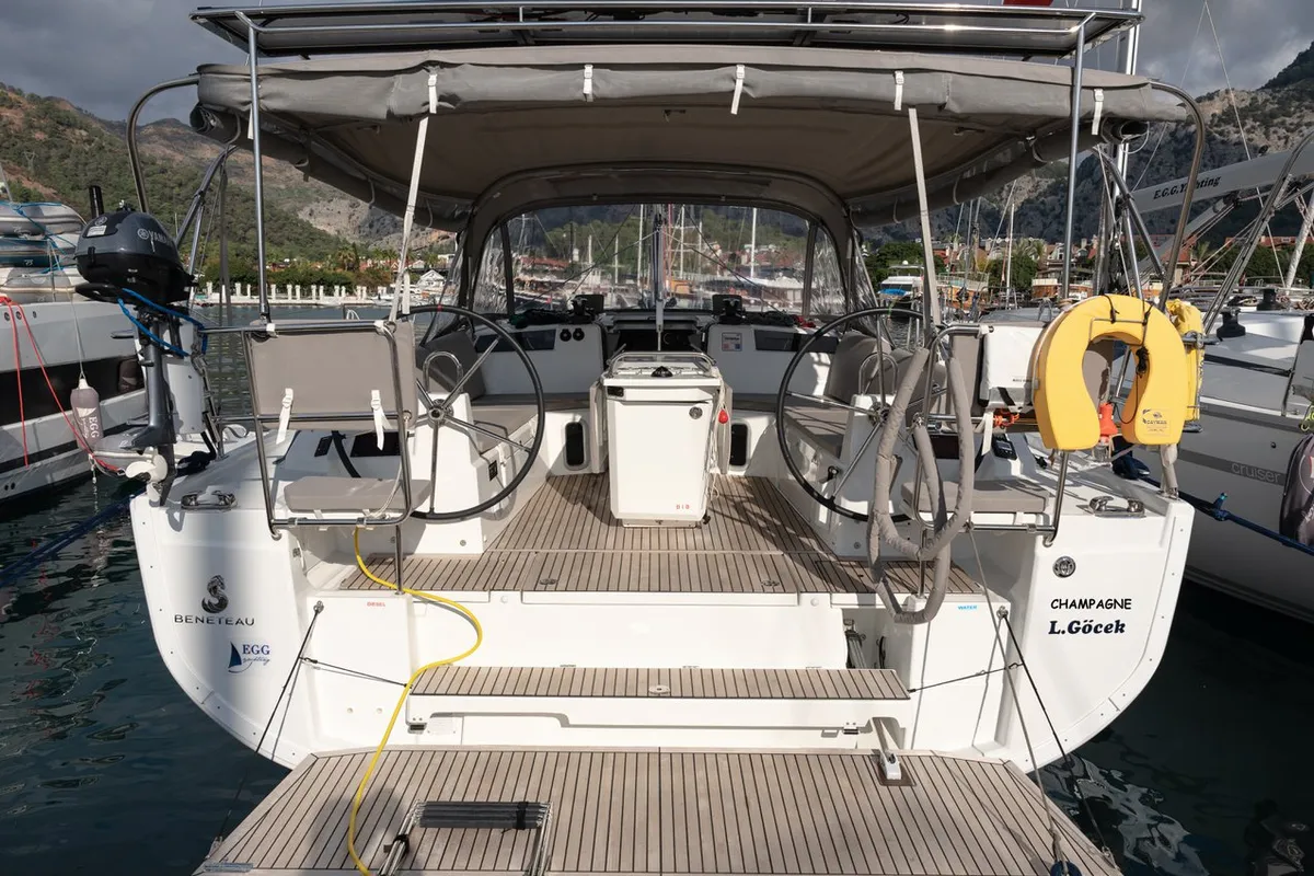 Deck of Champagne, a Beneteau Oceanis 40.1 sailboat at Marmaris, Turkey