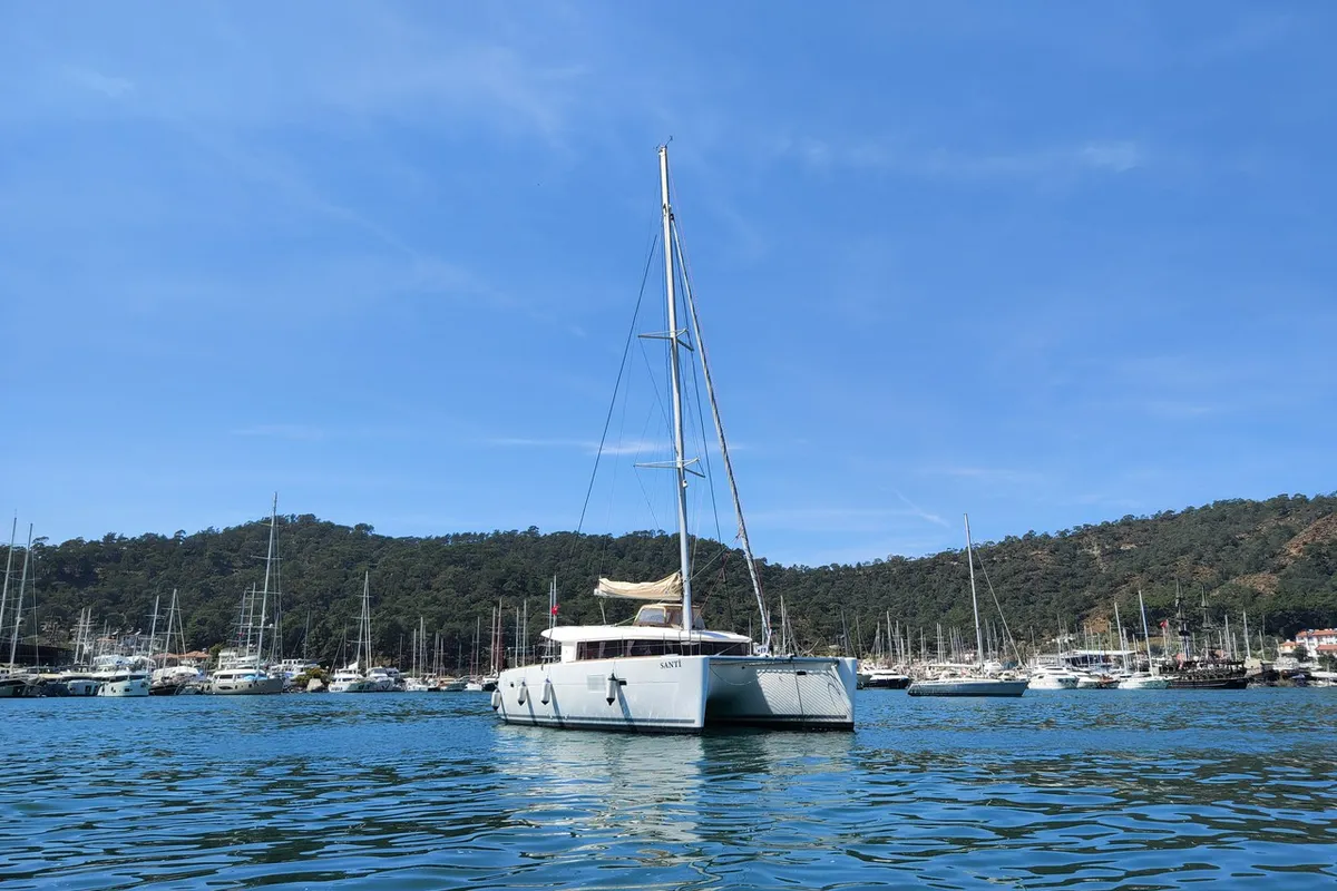 Exterior view of Santi, a Lagoon 400 catamaran at Fethiye, Turkey