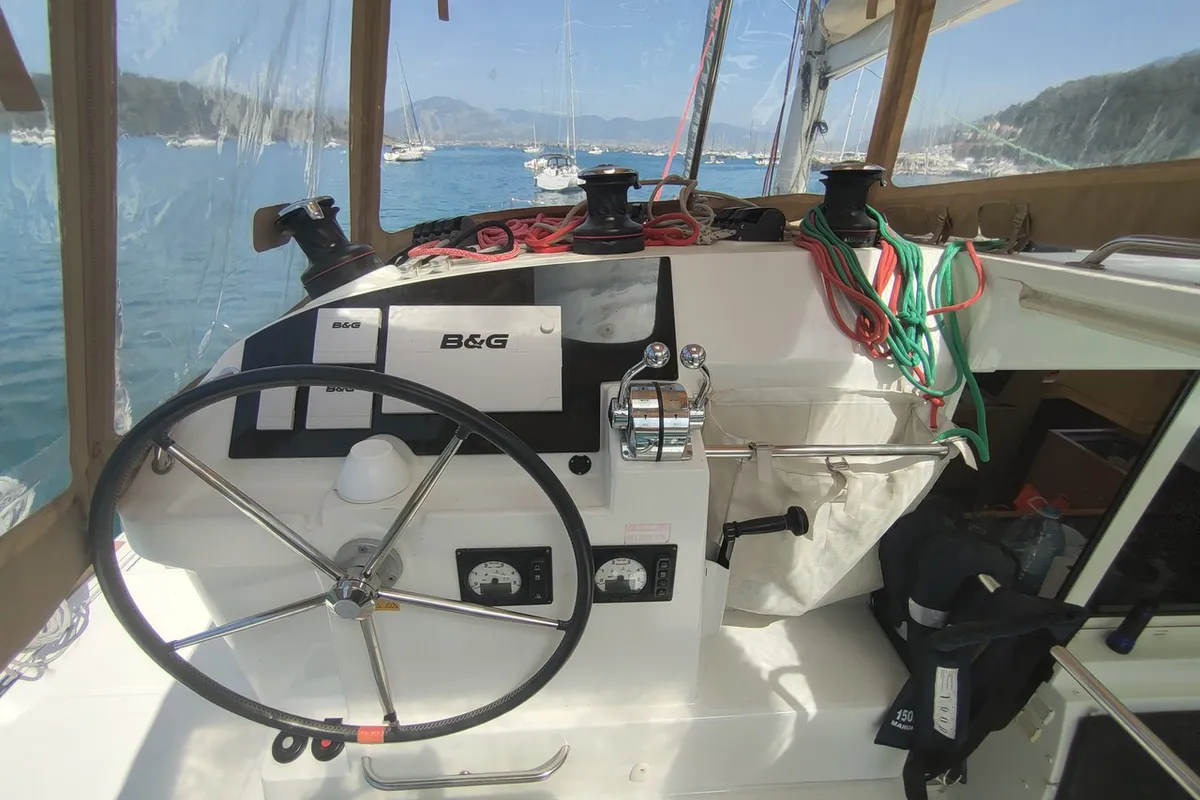 Deck of Santi, a Lagoon 400 catamaran at Fethiye, Turkey