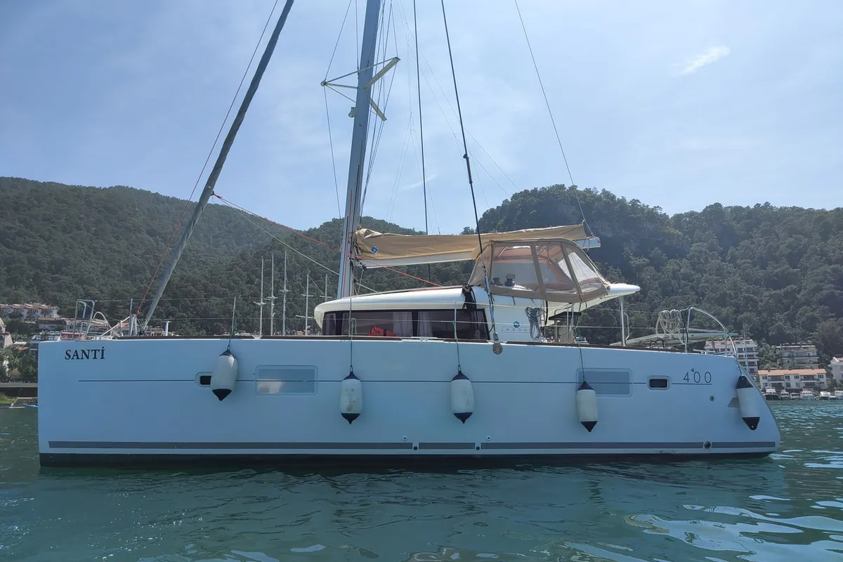 Exterior view of Santi, a Lagoon 400 catamaran at Fethiye, Turkey