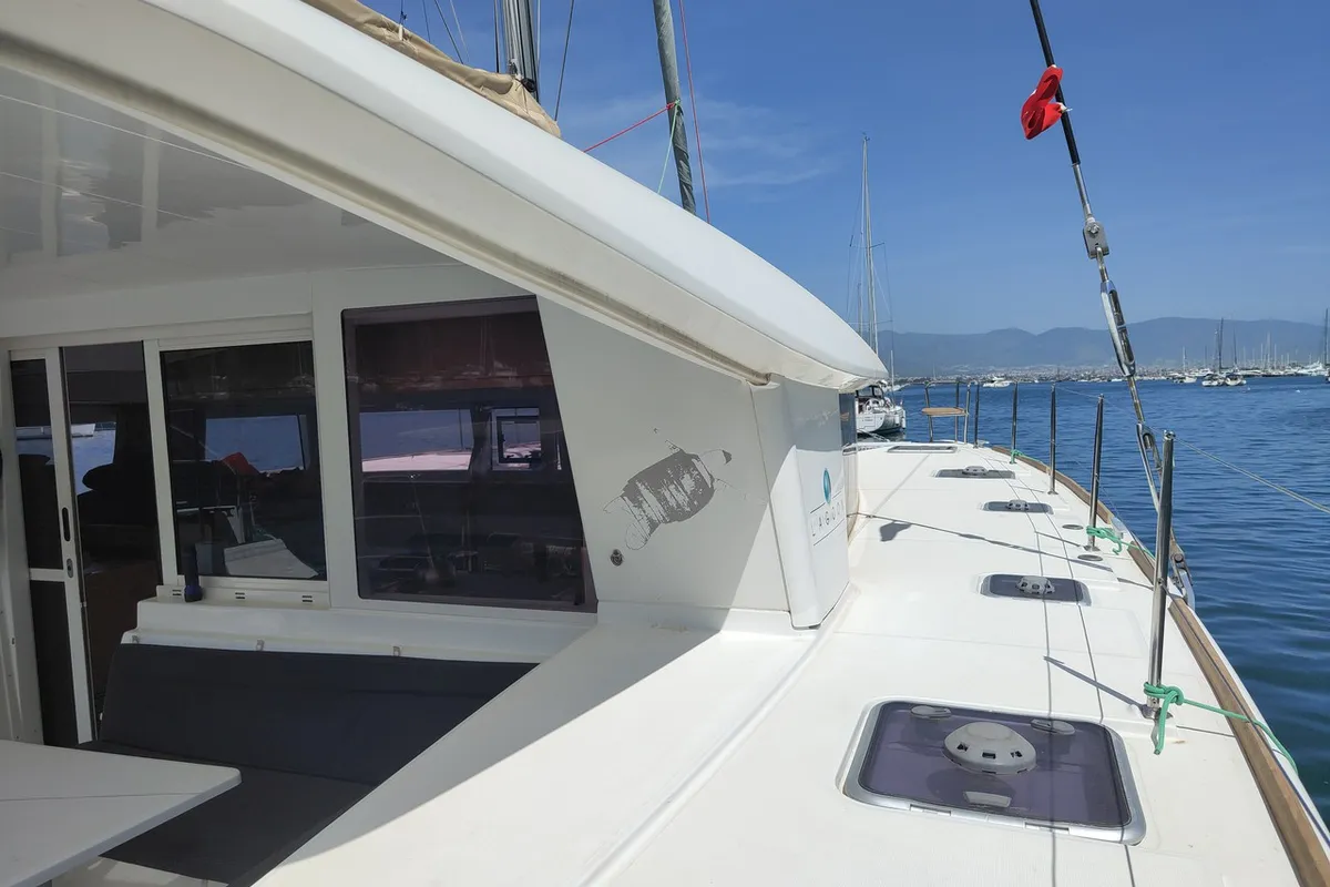 Deck of Santi, a Lagoon 400 catamaran at Fethiye, Turkey