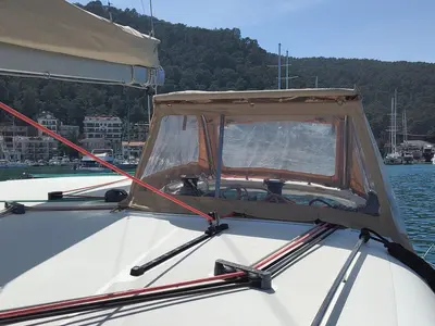 Cockpit of Santi, a Lagoon 400 catamaran at Fethiye, Turkey