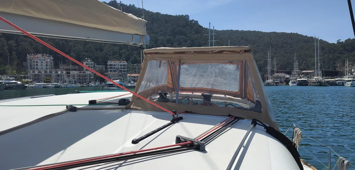 Cockpit of Santi, a Lagoon 400 catamaran at Fethiye, Turkey