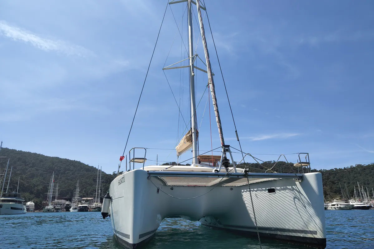 Exterior view of Santi, a Lagoon 400 catamaran at Fethiye, Turkey