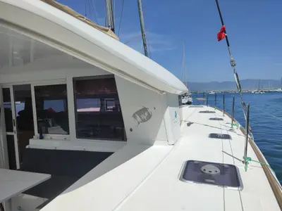 Deck of Santi, a Lagoon 400 catamaran at Fethiye, Turkey