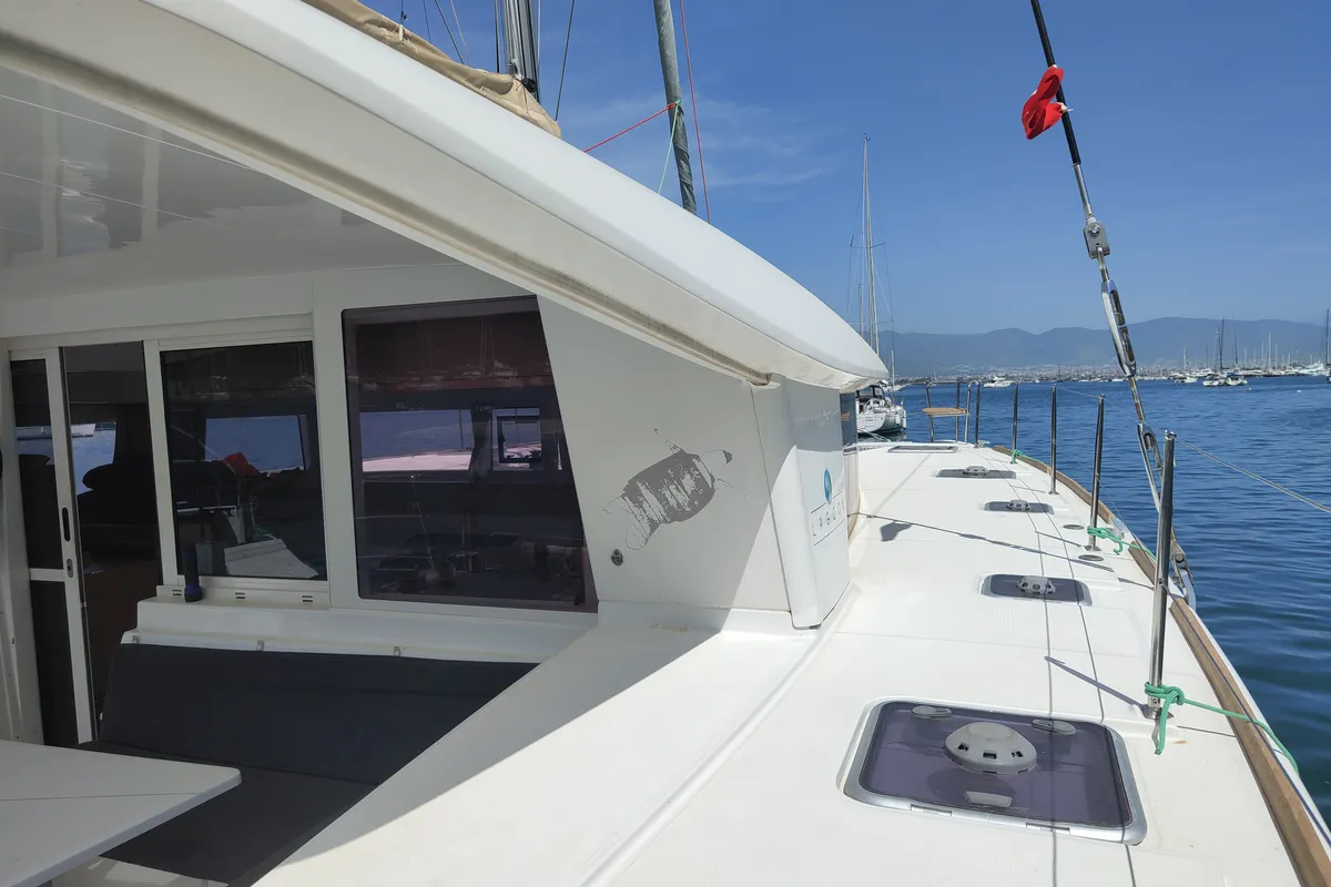 Deck of Santi, a Lagoon 400 catamaran at Fethiye, Turkey
