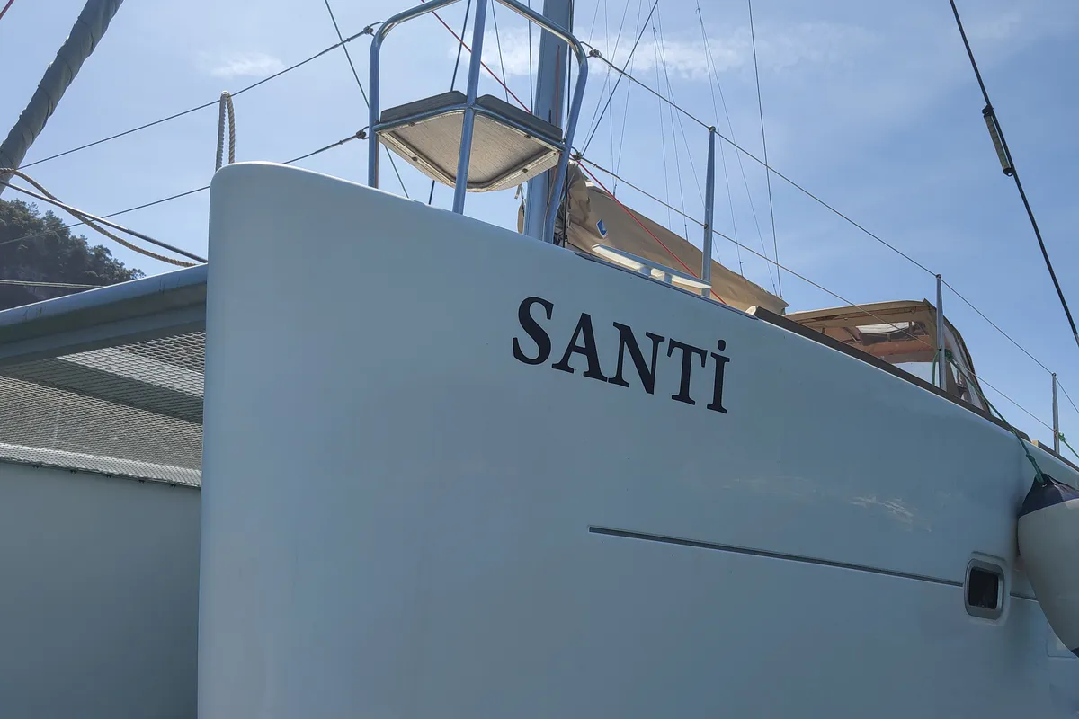 Exterior view of Santi, a Lagoon 400 catamaran at Fethiye, Turkey