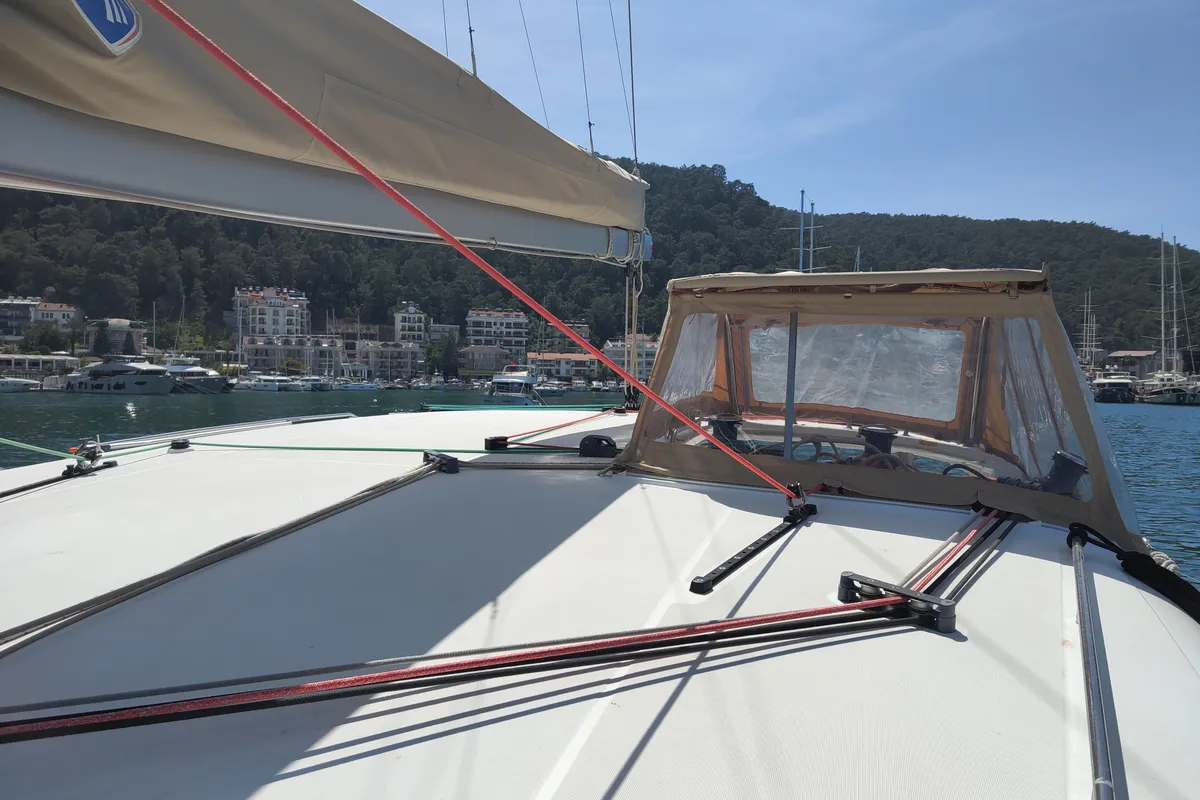 Deck of Santi, a Lagoon 400 catamaran at Fethiye, Turkey