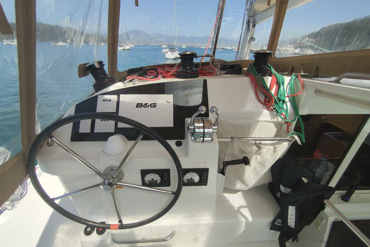 Cockpit of Santi, a Lagoon 400 catamaran at Fethiye, Turkey