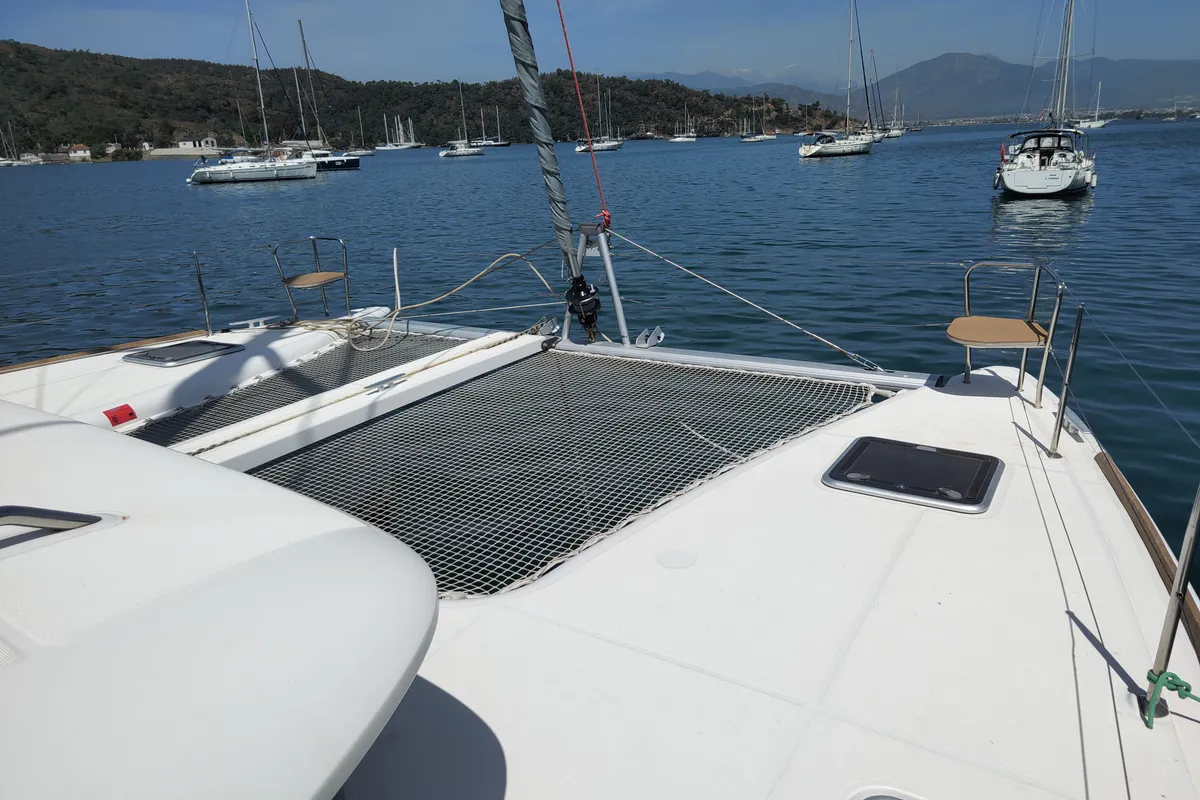 Deck of Santi, a Lagoon 400 catamaran at Fethiye, Turkey
