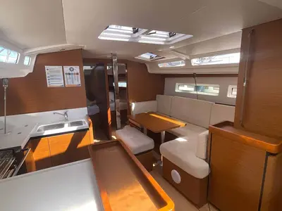 Salon of Sweet Dreams, a Jeanneau Sun Odyssey 440 sailboat at Figari/Golfo Aranci, Italy