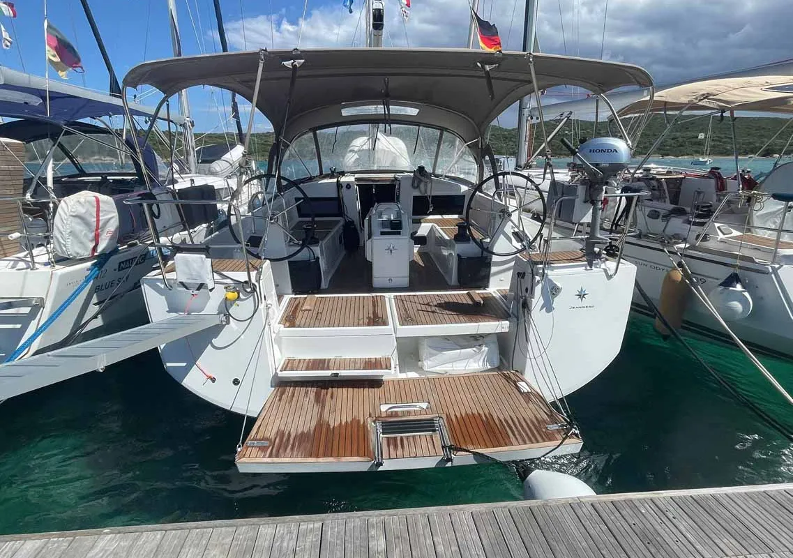 Exterior view of Sweet Dreams, a Jeanneau Sun Odyssey 440 sailboat at Figari/Golfo Aranci, Italy