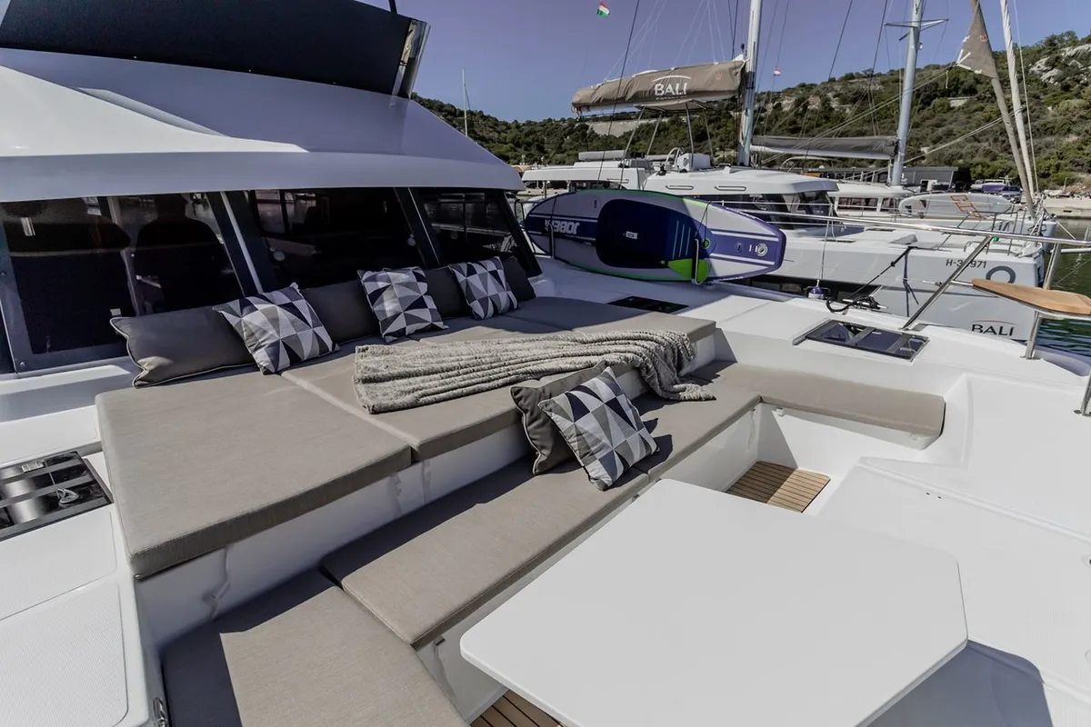 Deck of Leila, a Bali Catspace MY catamaran at Primošten, Croatia