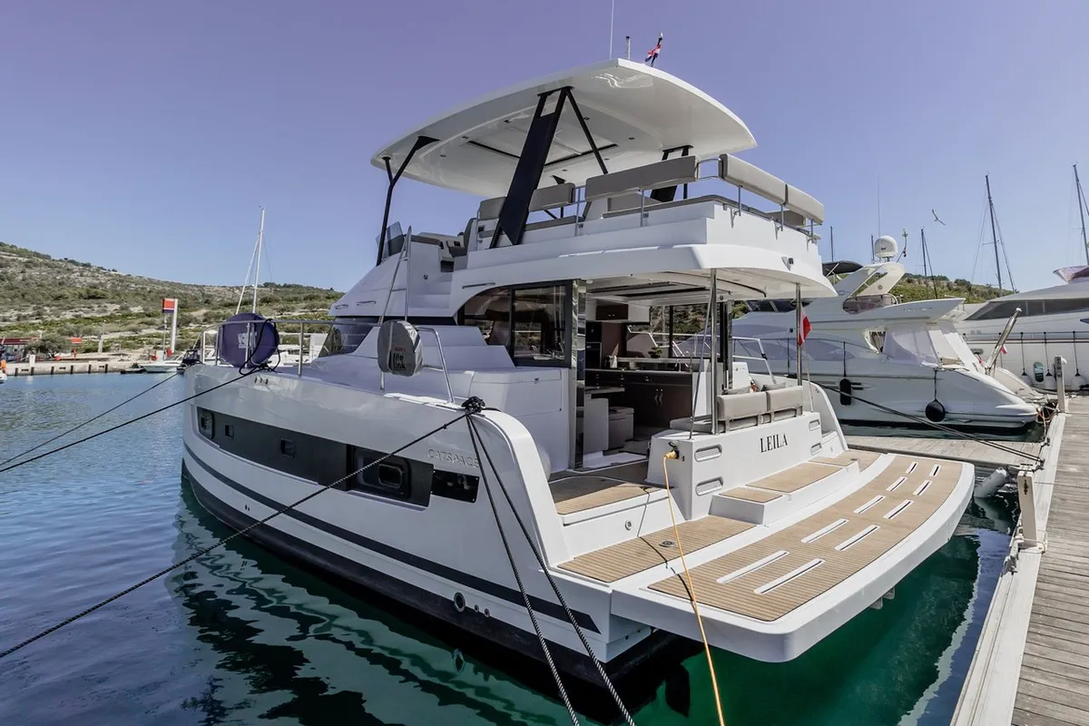Exterior view of Leila, a Bali Catspace MY catamaran at Primošten, Croatia