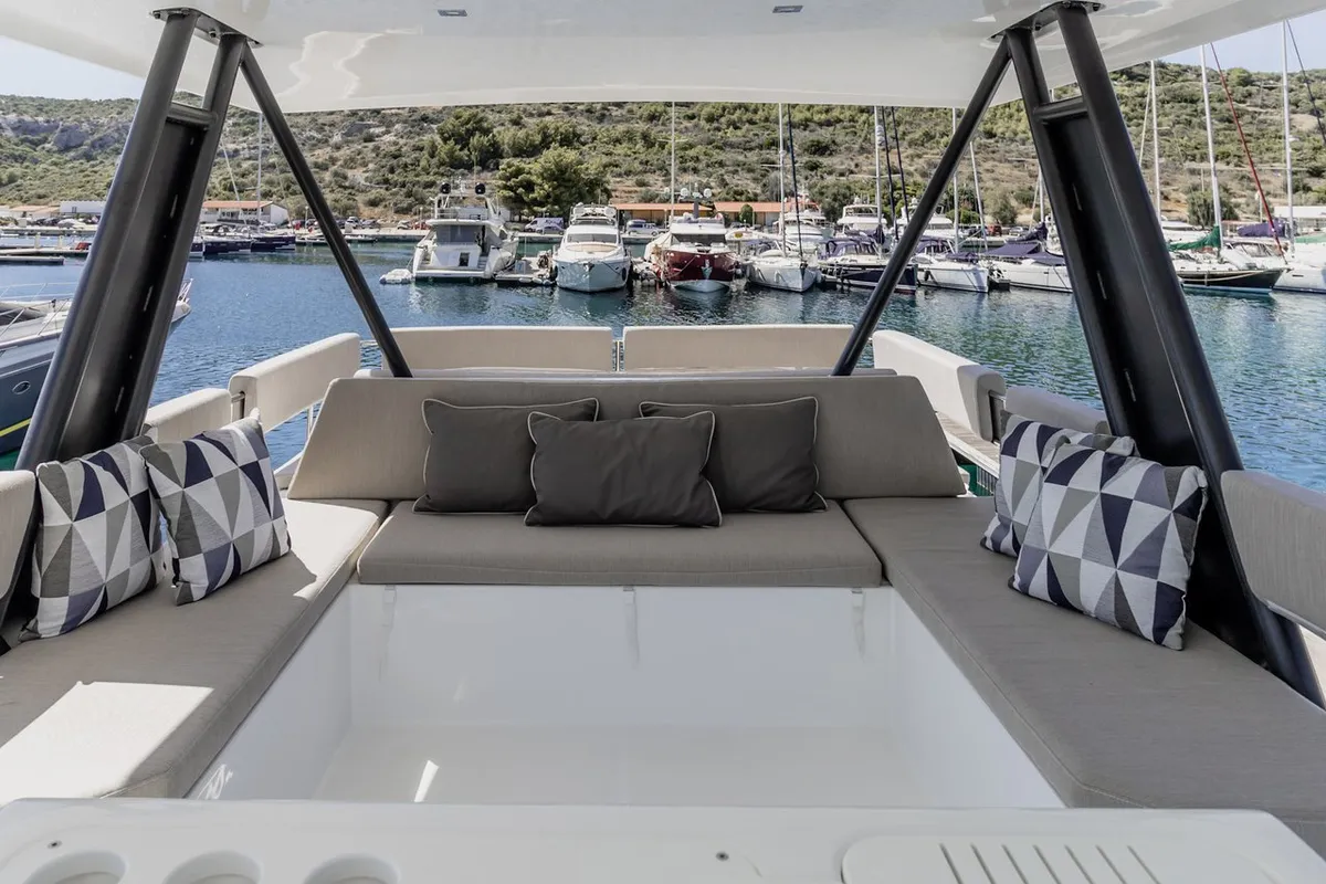 Deck of Leila, a Bali Catspace MY catamaran at Primošten, Croatia