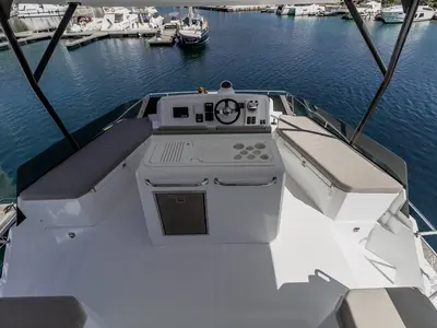Cockpit of Leila, a Bali Catspace MY catamaran at Primošten, Croatia