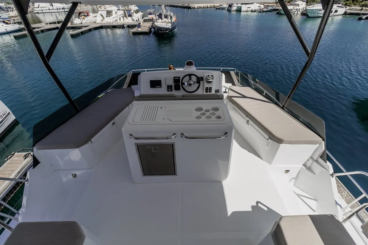 Cockpit of Leila, a Bali Catspace MY catamaran at Primošten, Croatia