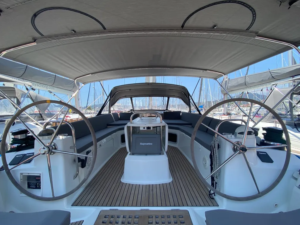 Cockpit of Mocha II, a Jeanneau 53 sailboat at Marmaris, Turkey
