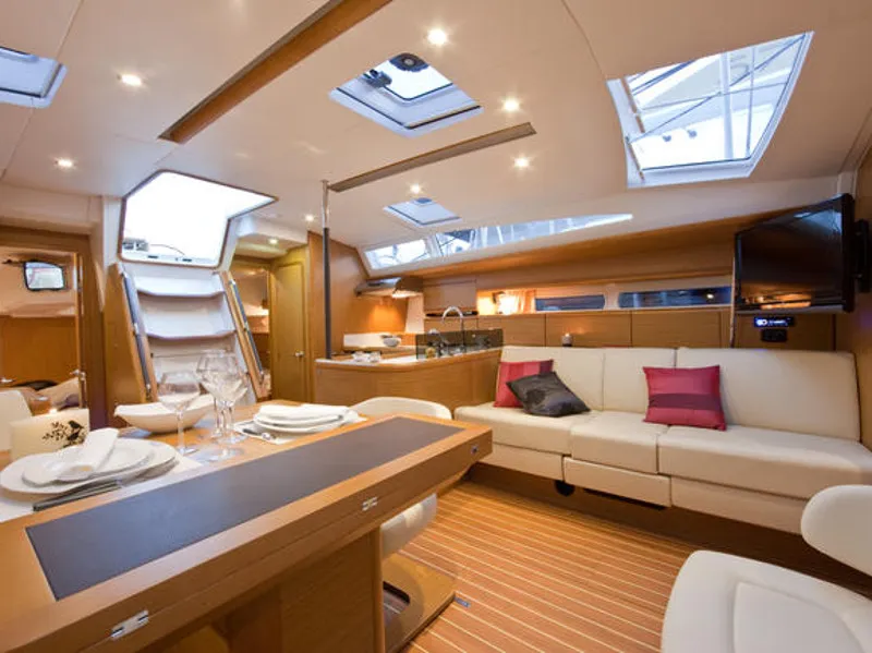 Salon of Mocha II, a Jeanneau 53 sailboat at Marmaris, Turkey