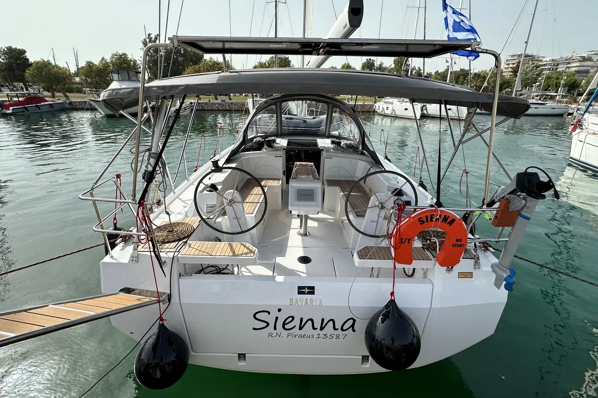 Exterior view of Sienna, a Bavaria C38 sailboat at Athens, Greece