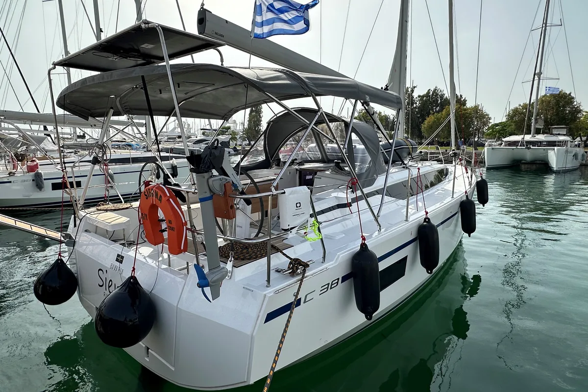 Cockpit of Sienna, a Bavaria C38 sailboat at Athens, Greece