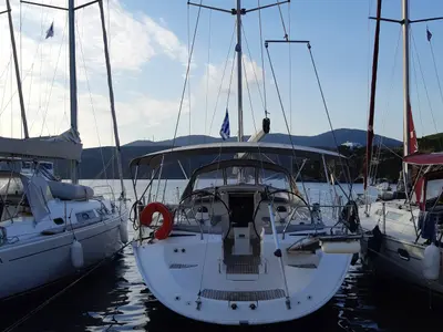 Exterior view of Giola, a Bavaria 50 Cruiser sailboat at Thassos, Greece