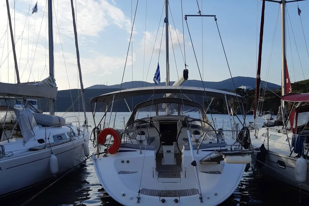 Exterior view of Giola, a Bavaria 50 Cruiser sailboat at Thassos, Greece
