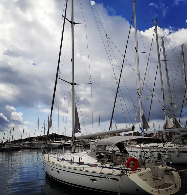Exterior view of Giola, a Bavaria 50 Cruiser sailboat at Thassos, Greece