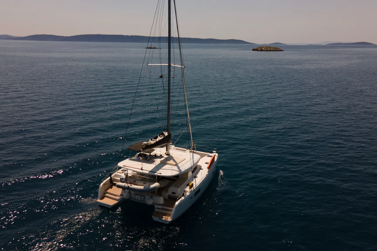 Exterior view of Jasmine, a Lagoon 42 catamaran at Trogir, Croatia