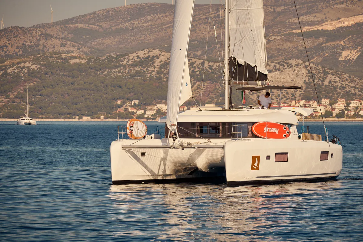 Exterior view of Jasmine, a Lagoon 42 catamaran at Trogir, Croatia