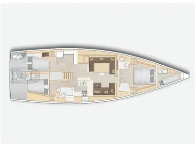 Floor plan of QED, a Hanse 588 sailboat at Lavrion, Greece