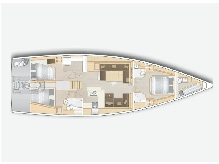 Floor plan of QED, a Hanse 588 sailboat at Lavrion, Greece