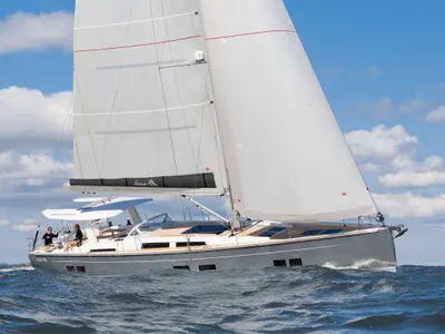 QED, a Hanse 588 sailboat at Lavrion, Greece