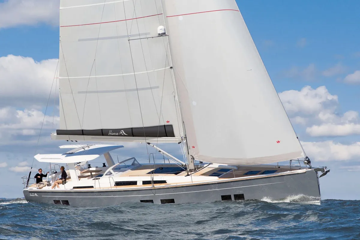 QED, a Hanse 588 sailboat at Lavrion, Greece