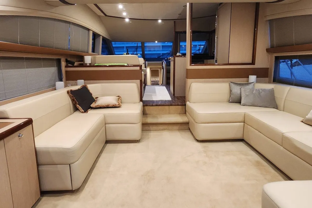 Salon of Sassy, a Princess 62 motor yacht at Lavreotiki, Greece