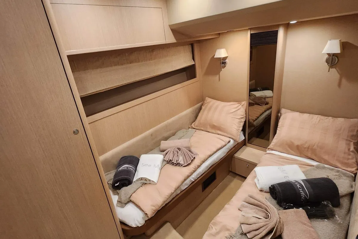 Cabin on Sassy, a Princess 62 motor yacht at Lavreotiki, Greece
